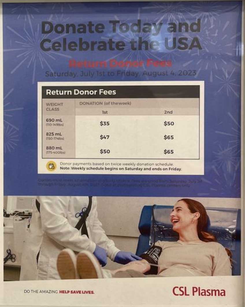 How much does CSL plasma pay return donors? discoverplasma.com